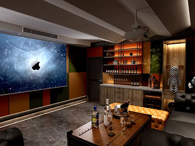 Modern Home Theater Interior With Large Projection Screen Starry Sky Backdrop And Cozy Sofa 3d model