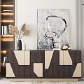 Stylish Entryway Console Table Geometric Pattern Design With Art Painting Vase And Lighting Decor 3d model