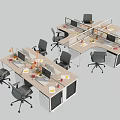 Modern Office Work Desks With Partition Dividers Ergonomic Chairs And Computer Monitors