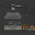Industrial Metal Machine Setup With Pipes Control Panel Yellow Drums Blue Cart And Sacks
