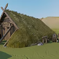 Traditional Thatched Houses on Green Grassland with Rolling Hills and Wooden Carts with Wheels