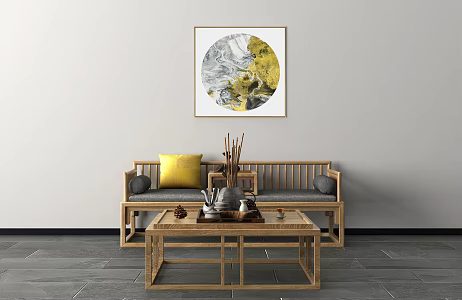 New Chinese Style Double Sofa Solid Wood Sofa Coffee Table Ornaments Decorative Painting 3d model