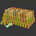 Yellow Radioactive Waste Drums Stacked With Radioactive Symbols And Fallen Lids