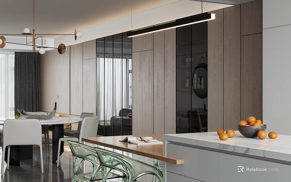 Modern Open Restaurant Interior With Wooden Accents Marble Countertop Dining Table And Chairs 3d model 