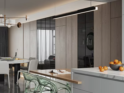 Modern Open Restaurant Interior With Wooden Accents Marble Countertop Dining Table And Chairs 3d model
