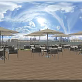 Scenic Outdoor Table Setup With Wooden Deck White Umbrellas And City Skyline View