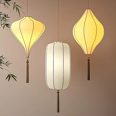 Hanging Chinese Lanterns in Yellow and White with Tassels and Bamboo Decor 3d model