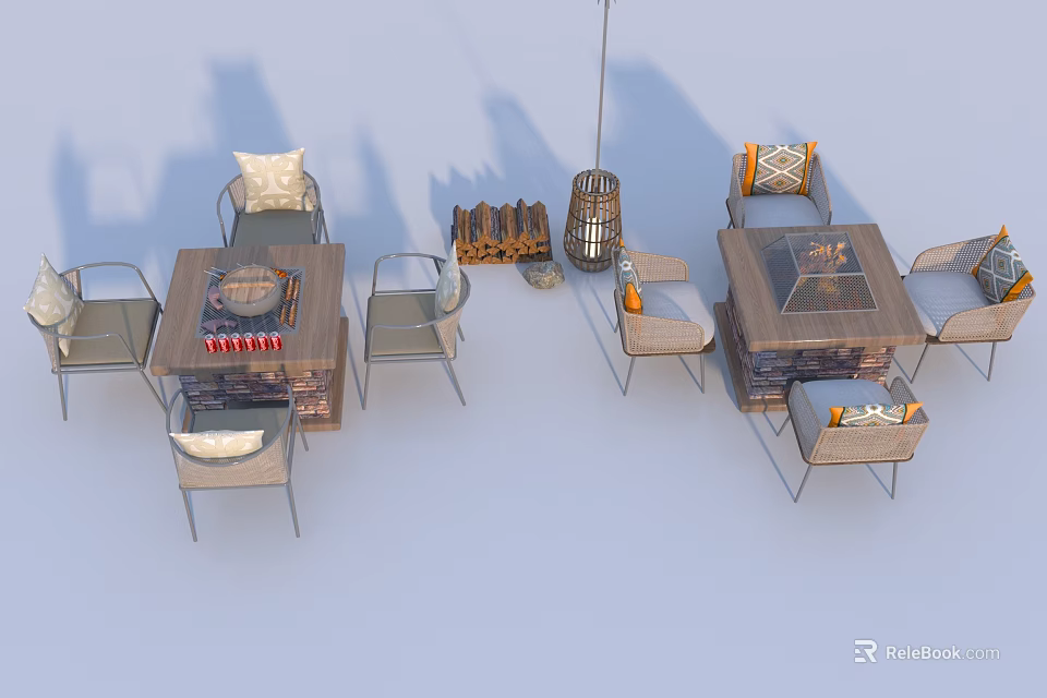 Modern Outdoor Rattan Furniture with Metal Chairs Tables Coffee Table and Fire Pit in Garden 3d model 