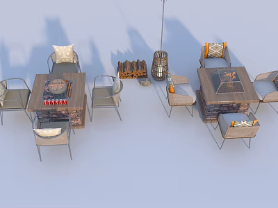 Modern Outdoor Rattan Furniture with Metal Chairs Tables Coffee Table and Fire Pit in Garden 3d model