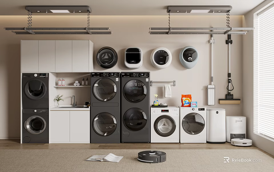 Modern Laundry Room With Various Washing Machines Dryers Cabinets And Cleaning Supplies Setup 3d model 