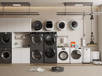 Modern Laundry Room With Various Washing Machines Dryers Cabinets And Cleaning Supplies Setup 3d model