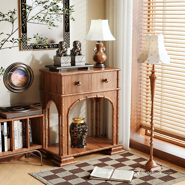 Wooden Chest of Drawers with Decorative Statues Vase and Bookshelf by Window Blinds 3d model 