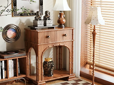 Wooden Chest of Drawers with Decorative Statues Vase and Bookshelf by Window Blinds 3d model