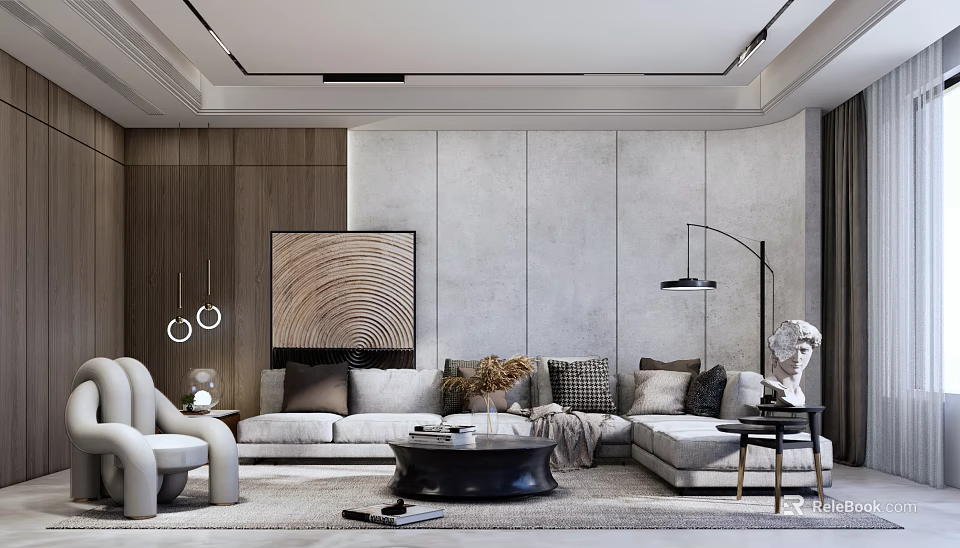 Modern Living Room Interior With L Shaped Sofa Wooden Wall Art Floor Lamp And Sculpture 3d model 