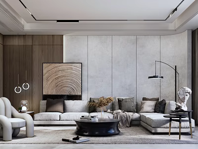 Modern Living Room Interior With L Shaped Sofa Wooden Wall Art Floor Lamp And Sculpture 3d model