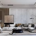Modern Living Room Interior With L Shaped Sofa Wooden Wall Art Floor Lamp And Sculpture