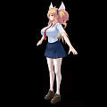 Game Movie Character With Pink Hair Horns White Shirt Red Tie Blue Skirt