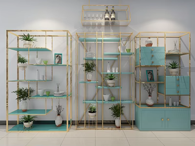 Garden Ornaments Display With Golden Metal Shelves Green Plants And Blue Cabinets 3d model