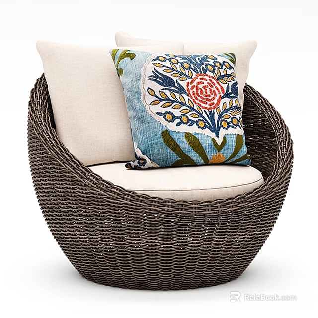 Round Wicker Leisure Chair With Beige Cushion And Colorful Floral Pattern Pillow 3d model 