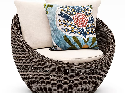 Round Wicker Leisure Chair With Beige Cushion And Colorful Floral Pattern Pillow 3d model