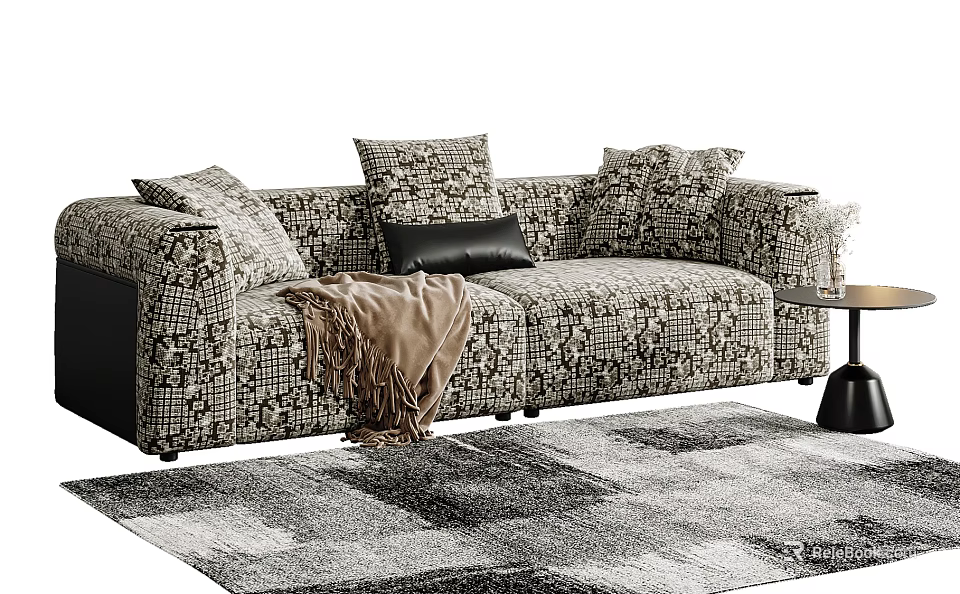 Patterned Sectional Sofa With Throw Pillows Cozy Blanket Near Side Table On Area Rug 3d model 