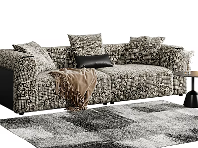 Patterned Sectional Sofa With Throw Pillows Cozy Blanket Near Side Table On Area Rug 3d model