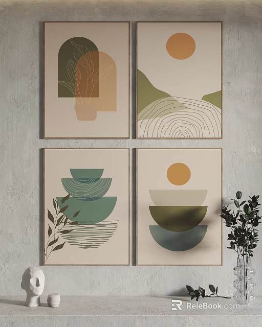 Modern Abstract Wall Art Pieces with Geometric Patterns and Natural Elements 3d model