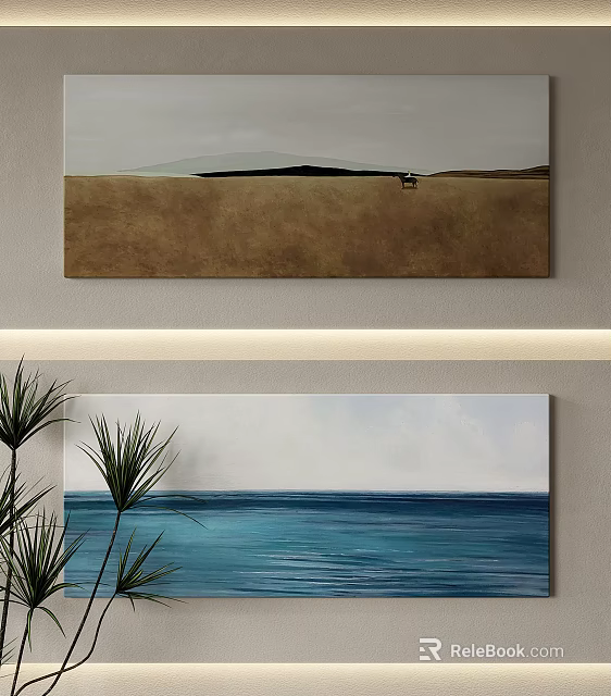 Abstract Painting Featuring Brown Gray Blue Tones Horizon And Ocean View Wall Decor With Plants 3d model 