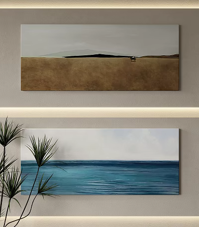 Abstract Painting Featuring Brown Gray Blue Tones Horizon And Ocean View Wall Decor With Plants 3d model