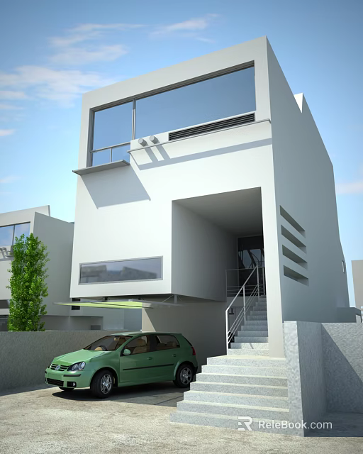 Modern Detached Villa With White Exterior Large Windows Staircase And Green Car 3d model 