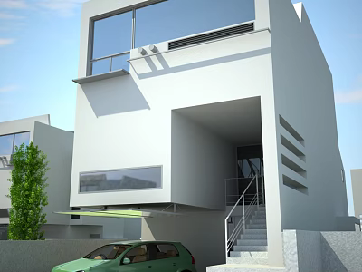 Modern Detached Villa With White Exterior Large Windows Staircase And Green Car 3d model