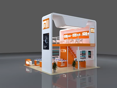 Two Story Orange and White MI Exhibition Booth With Display Cabinets Staircase and Plants 3d model