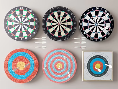 Sports Equipment Including Dartboards And Woven Target Boards With Darts Various Colors And Designs 3d model