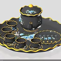 Black Tea Set Featuring Yellow Trim Blue Floral Design Teapot Cups Tray And Teaspoons