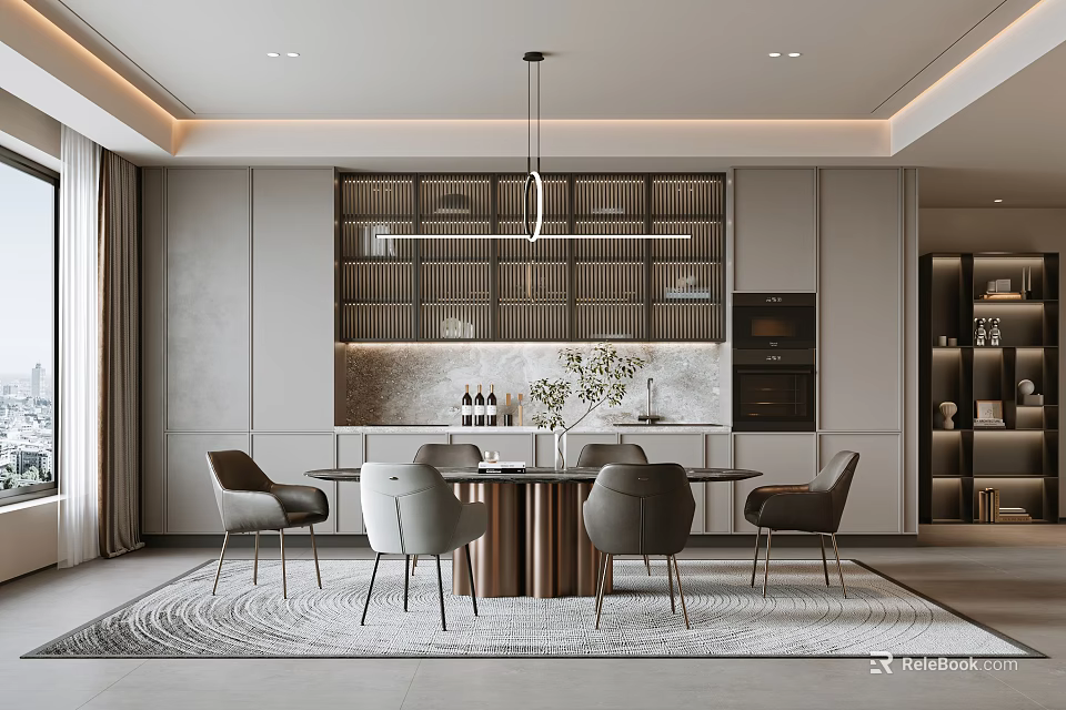 Modern Elegant Dining Room Interior With Round Wooden Table Gray Chairs Pendant Light And Shelves 3d model 