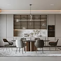 Modern Elegant Dining Room Interior With Round Wooden Table Gray Chairs Pendant Light And Shelves
