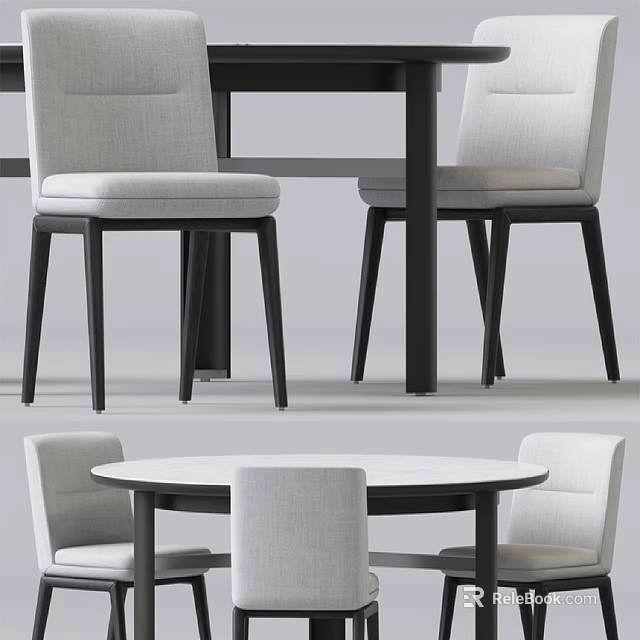 Modern Dining Table Set With Round Table And Gray Fabric Upholstered Chairs 3d model 