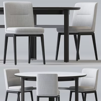 Modern Dining Table Set With Round Table And Gray Fabric Upholstered Chairs 3d model