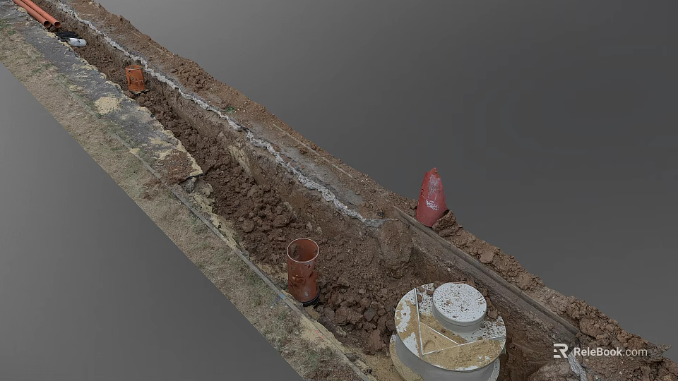 Excavated Road Facilities With Traffic Cones Brown Pipes And Concrete Structures 3d model 