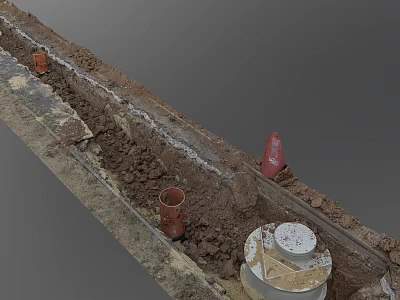 Excavated Road Facilities With Traffic Cones Brown Pipes And Concrete Structures 3d model
