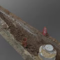 Excavated Road Facilities With Traffic Cones Brown Pipes And Concrete Structures