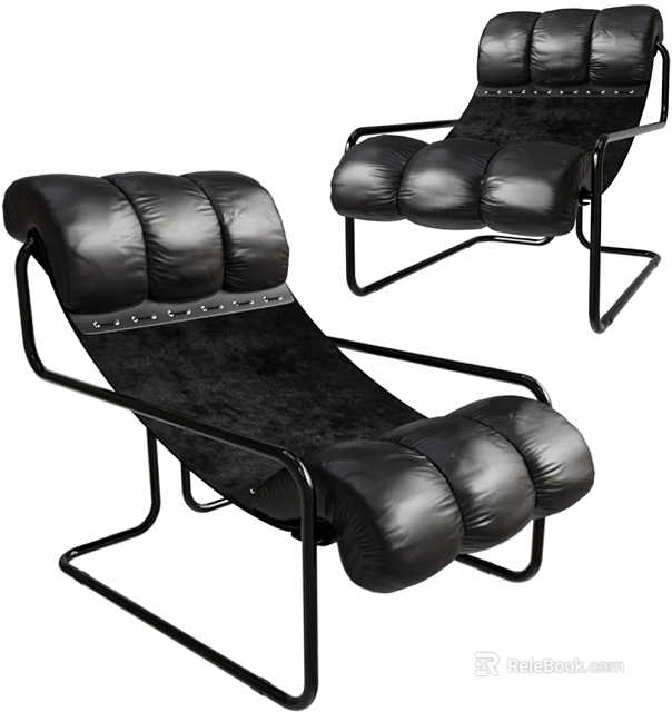 Black Leather Lounge Chair With Padded Cushions And Modern Metal Frame Design 3d model 
