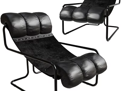 Black Leather Lounge Chair With Padded Cushions And Modern Metal Frame Design 3d model