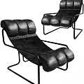 Black Leather Lounge Chair With Padded Cushions And Modern Metal Frame Design