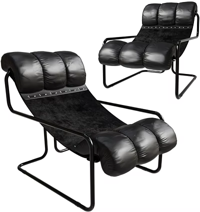 Black Leather Lounge Chair With Padded Cushions And Modern Metal Frame Design 3d model