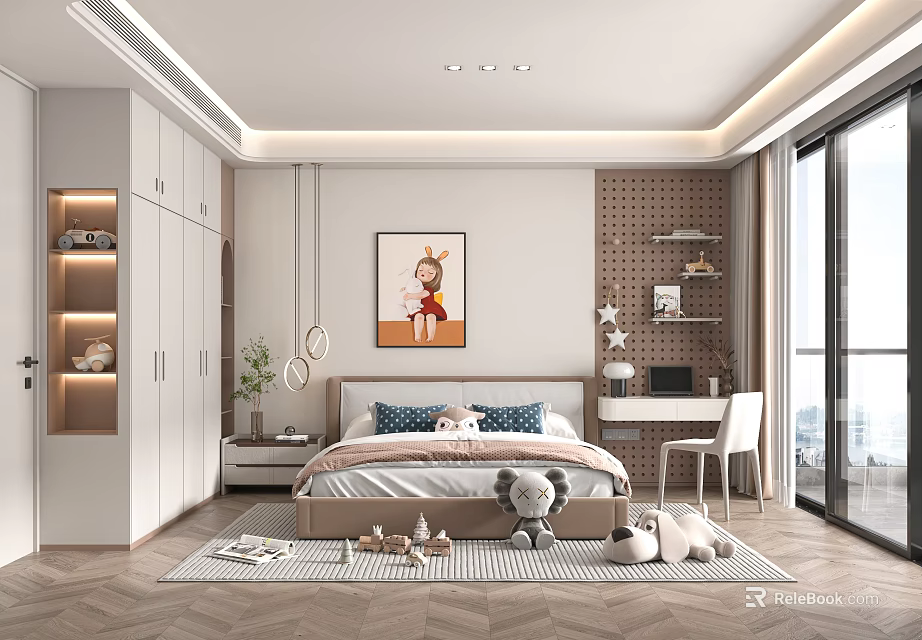 Kids Bedroom Interior With Bed Plush Pillows Cartoon Painting Wardrobe Study Desk Chair And Toys 3d model 