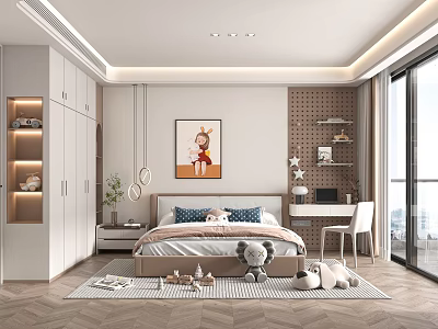 Kids Bedroom Interior With Bed Plush Pillows Cartoon Painting Wardrobe Study Desk Chair And Toys 3d model