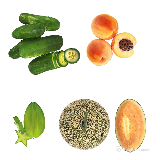 Fresh Ripe Peaches and Cantaloupe Fruits Whole and Sliced Showing Juicy Flesh and Seeds 3d model 