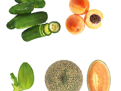 Fresh Ripe Peaches and Cantaloupe Fruits Whole and Sliced Showing Juicy Flesh and Seeds 3d model