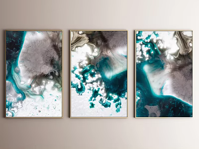 Three Abstract Paintings Wall Decor With Teal Gray White Fluid Texture Modern Art 3d model